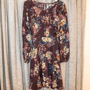 Xhiliration Wine Floral Print Long Sleeve Scoop Neck Ruffle Front Dress Medium